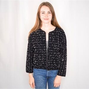 LELA ROSE | CROPPED KNIT CARDIGAN JACKET IN BLACK IVORY POPCORN TEXTURE SIZE XL
